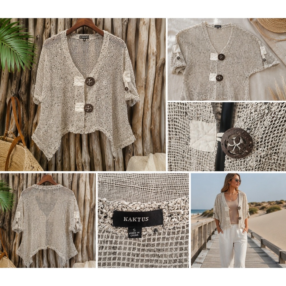 Kaktus Open Weave Boho Overshirt Tan Cream Crochet Knit Button Top Womens Small
